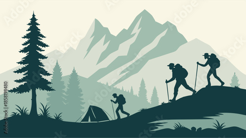 Hiking and Trekking Adventure Silhouettes of Backpackers Climbing a Mountain Trail Camping in Wilderness Nature Travel Illustration