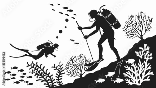Scuba Divers Exploring Tropical Coral Reef Silhouette Vector Illustration for Underwater Adventure and Marine Conservation Design