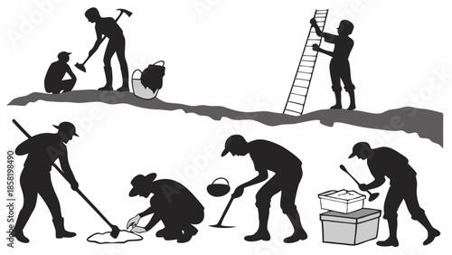 Archaeology Research Team Silhouettes Working Hard Digging and Searching at Excavation Site for Historical Discovery