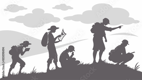Hiking Team Navigating Wilderness Trail Silhouette Adventure Travel Exploration Leadership and Strategy Vector Illustration