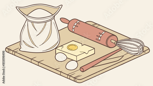 Rustic Baking Preparation Scene Flour Sack Eggs Butter Rolling Pin and Whisk on Wooden Board Illustration
