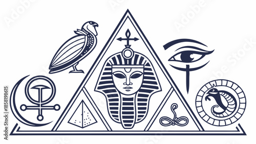 Vintage Esoteric Egyptian Symbolism Illustration with Pharaoh Mask Pyramid and Eye of Horus for Occult Design and Spiritual Branding