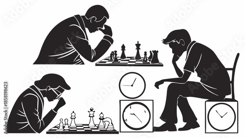 Silhouette Illustration of Focused Chess Players Engaged in Strategic Thinking and Time Management Competition