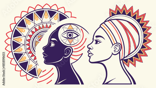 Empowered African Women Profiles Illustrating Inner Wisdom and Third Eye Power Spiritual Growth Graphic Design