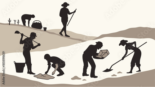 Hard Working Prospectors Digging and Searching for Treasure in Desert Landscape Silhouette Illustration