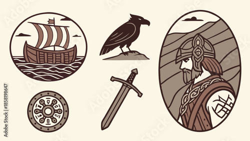Norse Viking Warrior Icon Set Longship Raven Sword Shield Scandinavian Mythology Historical Adventure Logo Design Elements