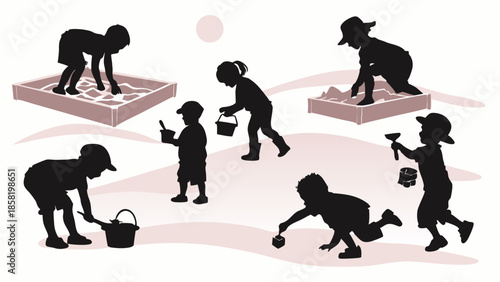 Happy Kids Playing Outdoors In Sandbox Silhouette Vector Illustration Summer Fun And Early Childhood Development