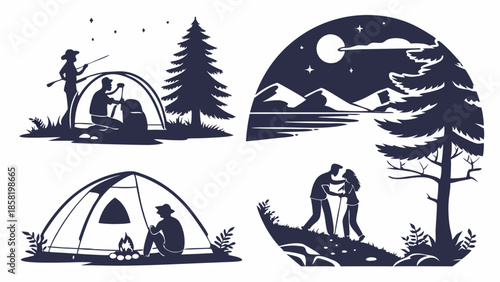 Monochrome Outdoor Adventure Silhouettes Set Hiking and Camping People Setting Up Tent Nature Exploration Vector Graphics for Travel Marketing