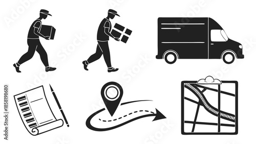 Delivery Logistics Icons Set Courier Service Van Route Planning Map Tracking Order Fulfillment and Supply Chain Management