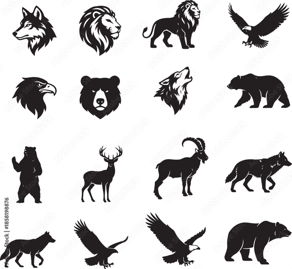 Obraz premium Print Diverse collection of simple black animal silhouettes for logo design and icons