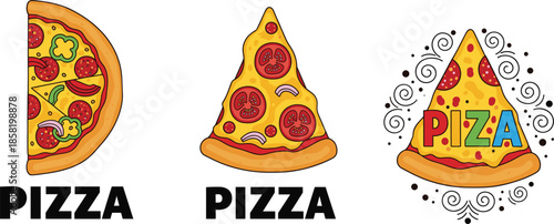 Detailed vector pizza slice illustrations with gourmet toppings, including pepperoni, mushrooms, and olives, featuring branding banners, logo designs, and creative character elements.
