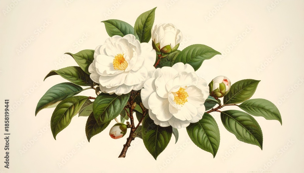 Obraz premium Elegant white petal flower blooming with lush green foliage and golden heart vibrant white flower with lush green foliage and bright yellow heart in nature.