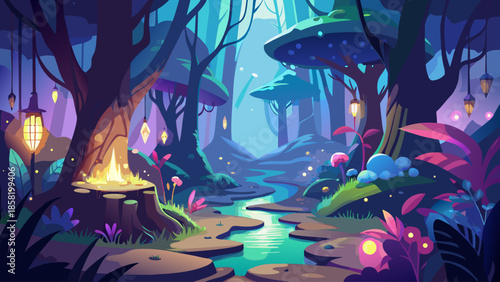 Fantasy forest vector illustration with glowing light and magical atmosphere, flat style