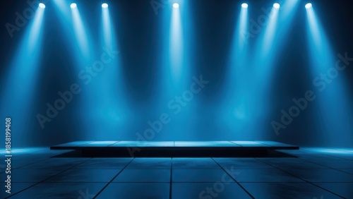 Dramatic blue stage with spotlight beams shining down