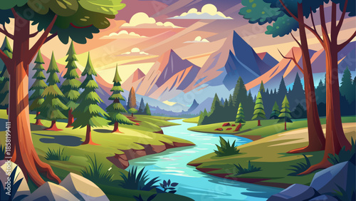 Forest landscape vector with river flowing between trees, serene nature illustration