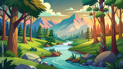Forest landscape vector with river flowing between trees, serene nature illustration