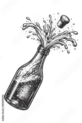 Vintage champagne bottle splash engraving illustration