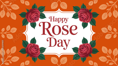 Happy rose day greeting card with red roses and leaves