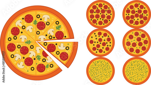 : Set of detailed vector pizza slices featuring gourmet toppings including pepperoni, red onions, bell peppers, ham, and pineapple on melting cheese.