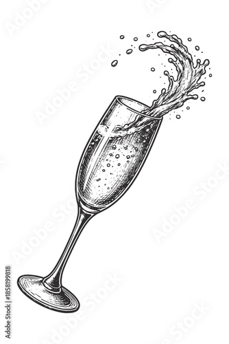 Vintage champagne glass splash engraving illustration