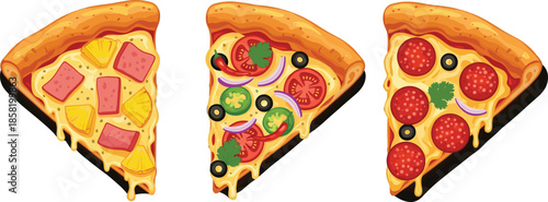 Large vector illustration set featuring various pizza slices with toppings including ham, pineapple, pepperoni, mushrooms, olives, and fresh vegetables.