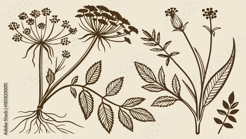 Detailed Botanical Illustration of Wild Medicinal Herbs Vintage Engraving Style Rustic Drawing for Natural Health and Apothecary Design