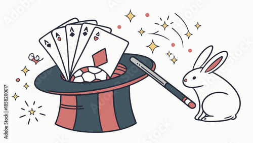 Lucky Rabbit Magician Performing Card Trick with Four Aces and Wand for Casino Gaming Success and Entertainment Illustration