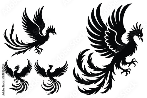 Black Phoenix Bird Silhouettes in Various Poses mythical