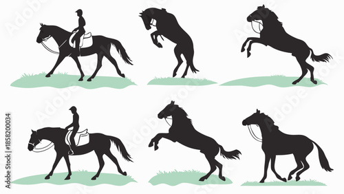 Dynamic Horse Silhouettes Set Rearing and Riding Movements Equestrian Training Performance Graphic Design Vector Illustration