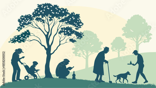 Diverse Generations and Seniors Enjoying Leisure Activities in a Peaceful Urban Park Illustration Community Lifestyle and Aging Population.