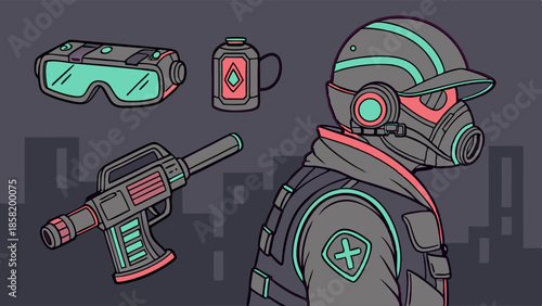 Futuristic Cyberpunk Character with Tactical Respirator Mask and Neon Gear Vector Illustration for Gaming and Tech Design