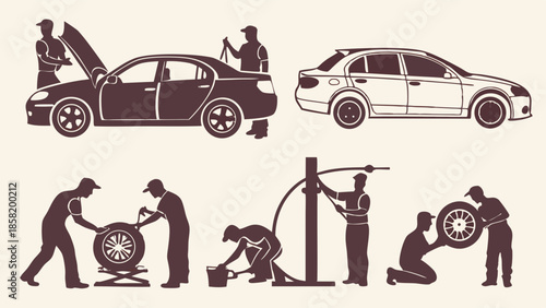 Vintage Silhouette Illustration of Mechanics Performing Professional Auto Repair and Vehicle Maintenance Service
