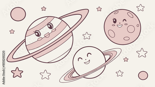 Cute Kawaii Smiling Planets Saturn and Moon Vector Illustration for Kids Education and Nursery Decor