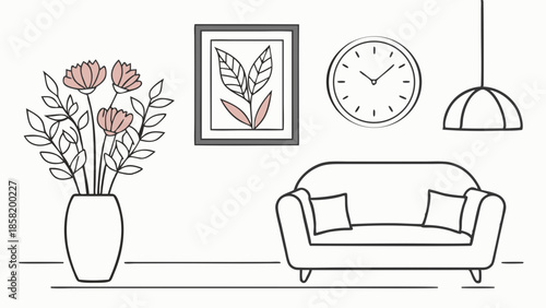 Minimalist Modern Living Room Interior Design Vector Illustration Cozy Home Decor Aesthetic Line Art with Sofa Clock and Flowers