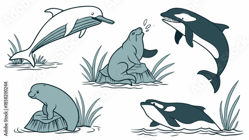 Aquatic Marine Mammals Illustration Set Dolphin Orca Sea Lion Wildlife Vector Art for Nature Conservation and Education