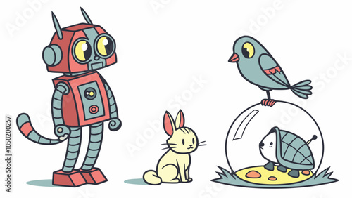 Cute Robot Mascot Standing with Pet Rabbit Bird and Turtle Cartoon Illustration for Kids and Technology
