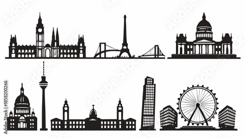 European City Skyline Silhouettes Vector Set Famous Travel Landmarks Architecture Tourism Design Elements Collection