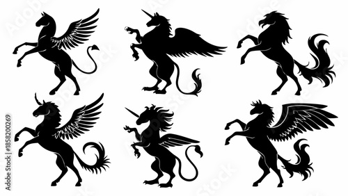 Rearing Unicorn and Pegasus Silhouettes Set Heraldic Mythical Creatures for Fantasy Logo and Branding Design