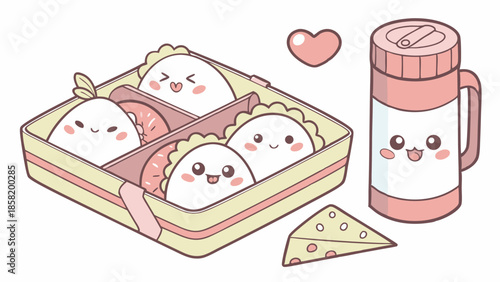 Cute Kawaii Onigiri Rice Balls in Bento Box Happy Lunch Illustration Pastel Vector for Kids Menu and Snack Design