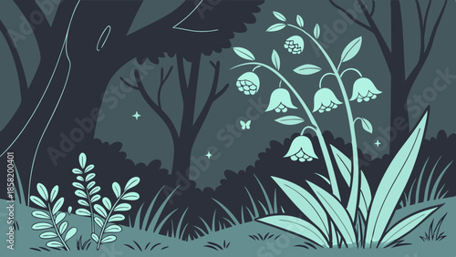 Enchanted Forest Night Scene with Glowing Bluebell Flowers for Mystical Website Background or Fairy Tale Illustration Design