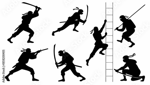 Dynamic Ninja Warrior Silhouettes Climbing Ladder Fighting with Swords for Action Game Design Security Stealth App Graphics