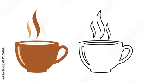 Two cups of coffee one colored and one outlined with rising steam
