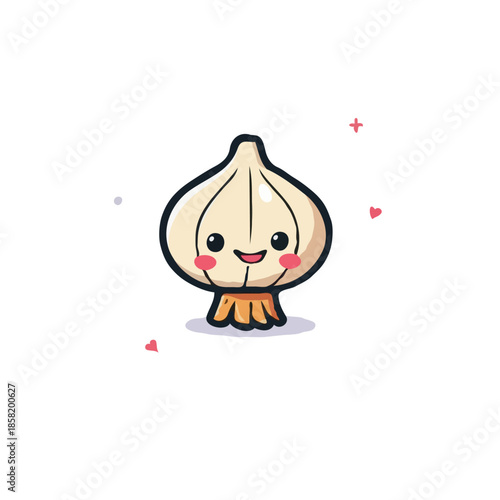Whimsical garlic bulb character with blushing cheeks and friendly smile evokes culinary cuteness