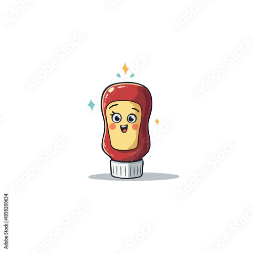 Whimsical ketchup bottle character illustration radiating charm and culinary fun on a clean light