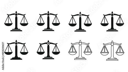 A collection of scales of justice icons in a black and white graphic