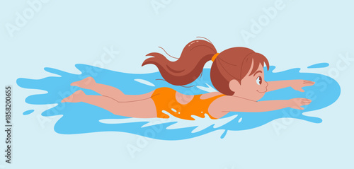 A cheerful girl swims gracefully in a bright blue pool, embodying joy and freedom, showcasing the bliss of childhood during leisure activities on a sunny day.