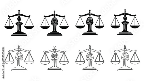 A series of black and white justice scales representing legal balance and fairness
