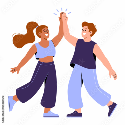 Two young friends or teammates share a high-five, symbolizing victory and celebration, capturing an essence of joy, enthusiasm, and camaraderie in an energetic environment.