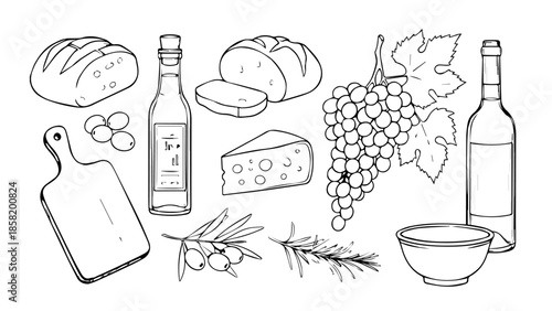 Bread cheese fruit and food ingredients sketch icons collection
