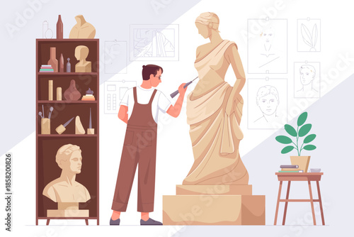 An artist engaged in sculpting a marble statue, surrounded by tools and sketches, reflecting the creative process and dedication involved in the art creation journey.